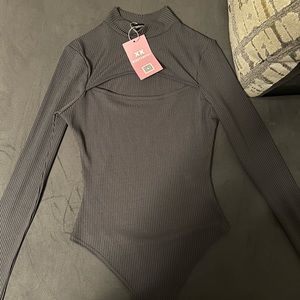 Jayla Charcoal Ribbed Cut Out Turtle Neck Bodysuit